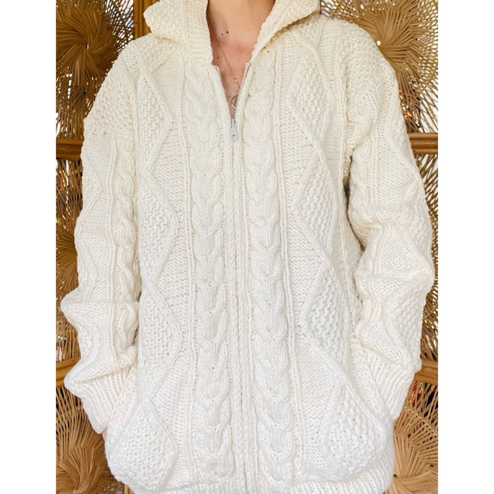 Artesania Ecuador Hand Knit Cream Tone 100% Wool Chunky Zippered Hooded Sweater